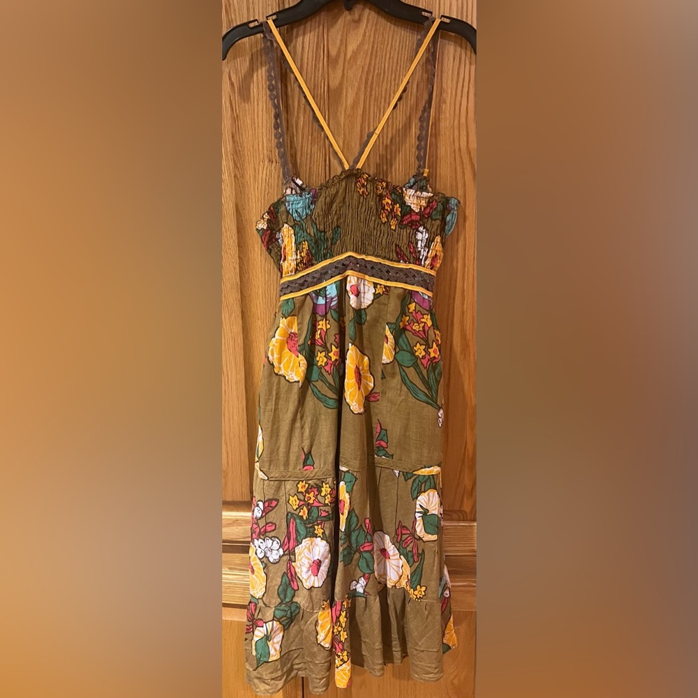 Free People Brown Floral Print Spaghetti Straps. Ruffle Mini Dress Size Small